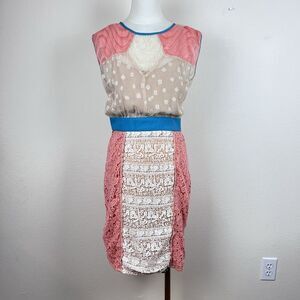 Champagne Strawberry Anthro Dress Womens Six Ephemere Sheath Lace Mesh Cottage